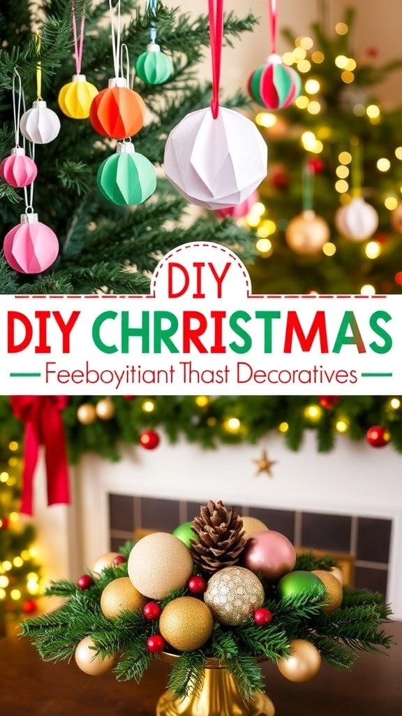 A collection of quick DIY Christmas decorations including paper ornaments, garland, and a festive centerpiece.